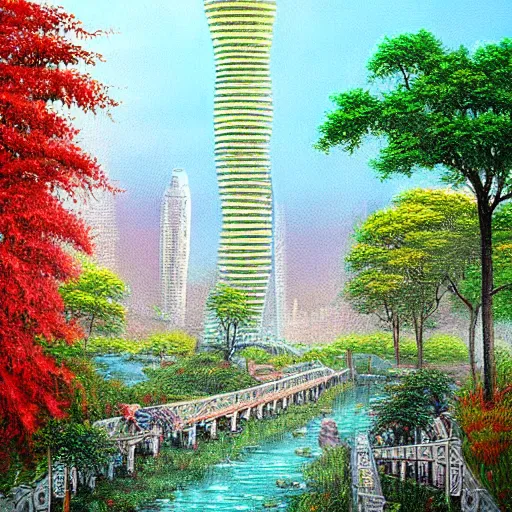 Image similar to Beautiful city of the future in harmony with nature. Beautiful detailed grainy painting by Lurid. (2022)