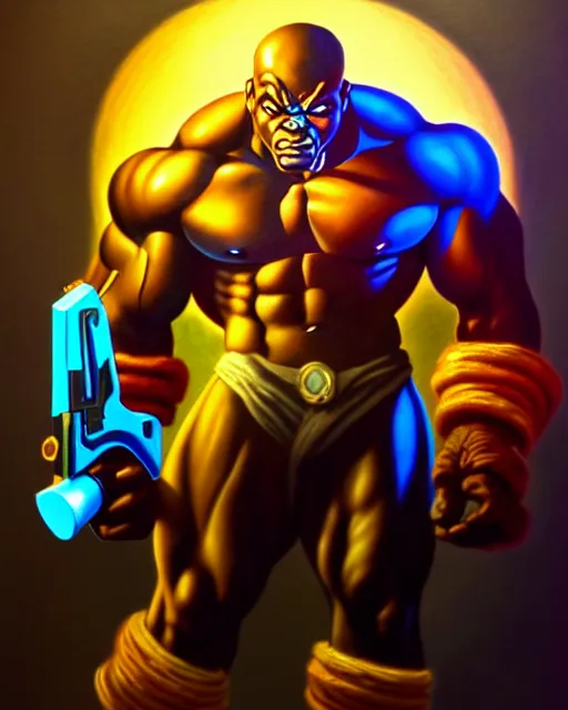 Image similar to doomfist from overwatch, elegant, confident, smug, ripped, buff, strong, colorful, fantasy, fantasy art, character portrait, portrait, close up, highly detailed, intricate detail, amazing detail, sharp focus, vintage fantasy art, vintage sci - fi art, radiant light, caustics, by boris vallejo