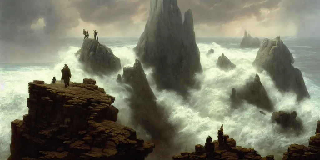 Image similar to a big cliff at the middle of the day in 1 9 4 0, stormy sea, a only men stand up at the edge of the precipice, steam punk, mystical yellow fog, oil on canvas, art by andreas achenbach, clemens ascher, tom bagshaw and sabbas apterus,