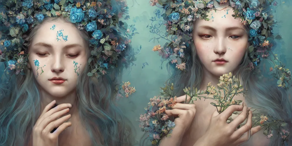 Image similar to breathtaking detailed concept art painting portrait of the hugs goddess of light blue flowers, carroty hair, orthodox saint, with anxious piercing eyes, ornate background, amalgamation of leaves and flowers, by hsiao - ron cheng, extremely moody lighting, 8 k