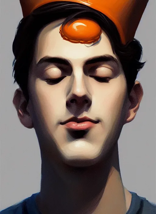 Image similar to portrait of teenage jughead jones wearing a light grey crown, crown, hamburger background, eyes closed, crown, black hair, orange, intricate, elegant, glowing lights, warm lighting, highly detailed, digital painting, artstation, concept art, smooth, sharp focus, illustration, art by wlop, mars ravelo and greg rutkowski