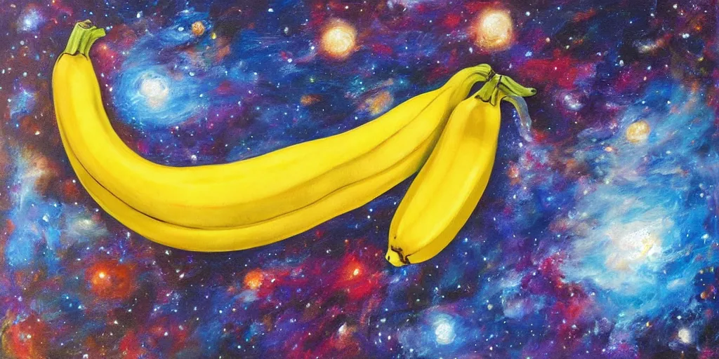 Image similar to banana hat in outer space, acrylic on canvas, breathtaking realistic, photorealistic in the style of realism