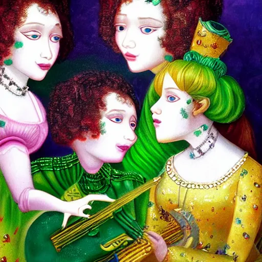 Image similar to a highly detailed painting. Beautiful radiant twin sisters and the musician Prince. Prince is green with jealousy. Cinematic Art.