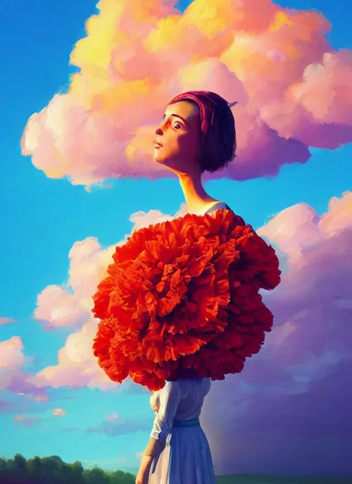 Image similar to woman with a giant carnation head, flower field, surreal photography, sunset dramatic light, impressionist painting, colorful clouds, blue sky, digital painting, artstation, simon stalenhag