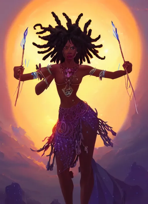 Prompt: beautiful black woman casting magical spells with powerful crystals, beaded dreadlocks and kemetic imagery, 2 d game fanart behance hd by jesper ejsing, by rhads, makoto shinkai and lois van baarle, ilya kuvshinov, rossdraws, dramatic sunset, global illumination, radiant light, detailed and intricate environment