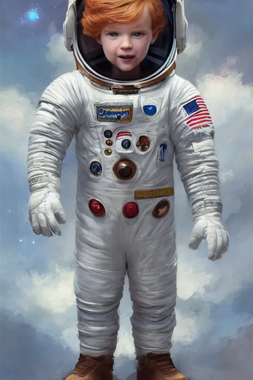 Prompt: a little boy with a michievous face and ginger hair. he is an astronaut, wearing a space suit. clean elegant painting, beautiful detailed face. by raymond swanland and artgerm and greg rutkowski