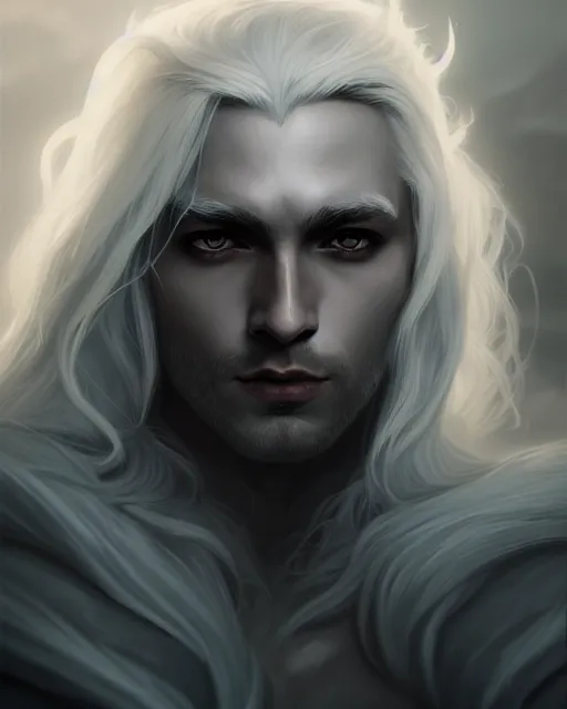 Image similar to portrait, beautiful male drow, long wavy white hair, super detailed, light black armor with silver accenting, cape, 8 k, filmic, octane render, sunlight, clouds, artstation, greg rutkowski, rossdraws, william bouguereau, sharp focus