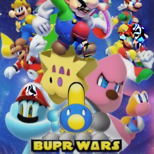 Image similar to super mario brothers and kirby super star ultra movie poster with pokemon super smash bros and princess peach star wars theme pokemon style detailed and accurate eyes