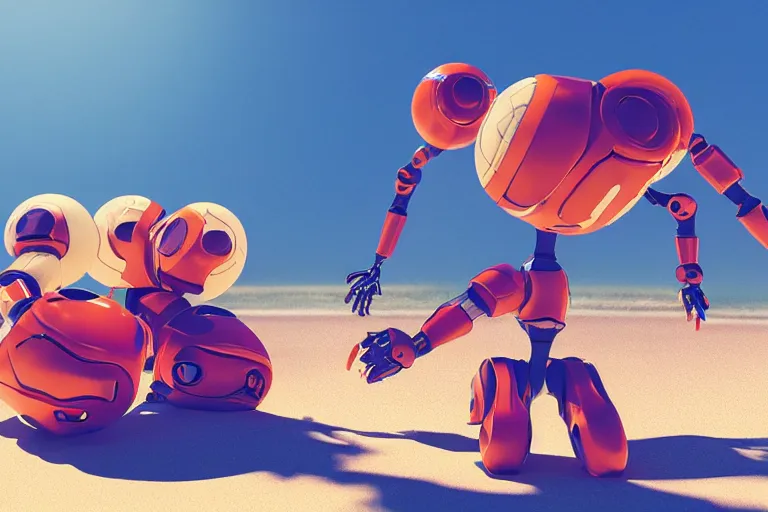 Image similar to Romeo and Juliet as robots holding ball at the beach, sunny day, photorealistic, cinematic framing, 3d render, octane render