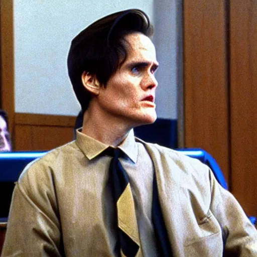Image similar to cinematic shot of young jim carrey as phoenix wright in court