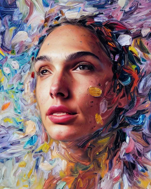 Prompt: Flower storm portrait of Gal Gadot, vortex of petals and radiant light, in the style of Jenny Saville, highly detailed palette knife oil painting, thick impasto