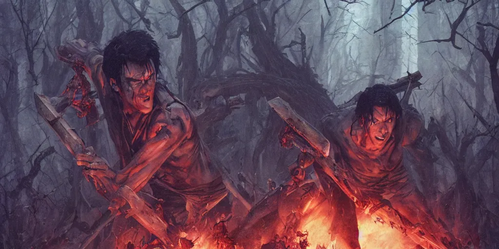 Prompt: evil dead, ash with his chainsaw arm, who fights against several undead, hyperrealistic, trending on pixiv fanbox, painted by greg rutkowski makoto shinkai takashi takeuchi studio ghibli, akihiko yoshida