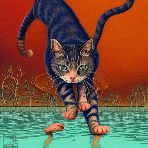 Image similar to full shot of a cat walking on water and Casey Weldon and Chie Yoshii, rich colors, intricate, elegant, highly detailed, centered, digital painting, artstation, concept art, smooth, sharp focus, illustration