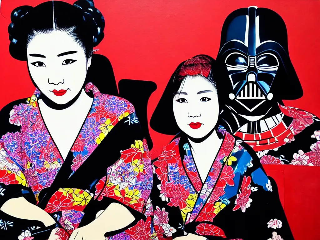 Image similar to hyperrealism composition of the detailed woman in a japanese kimono sitting at an extremely detailed poker table with darth vader, fireworks and folding screen on the background, pop - art style, jacky tsai style, andy warhol style, acrylic on canvas