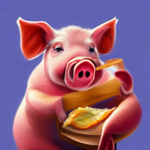 Image similar to a pig eating a rasher of bacon. detailed, realistic, digital painting,