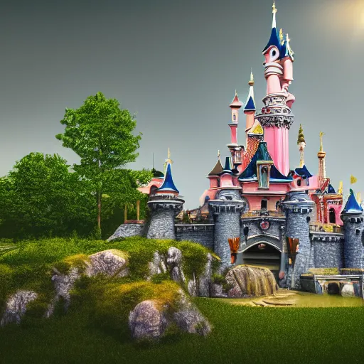 Prompt: illustration of disneyland paris castle, surrounded by nature, rocks, grass, waterfall, sun shining through very little clouds, vibrant colors, intricate, elegant, highly details, trending on art station, digital art, sharp focus, 4 k, 3 d render