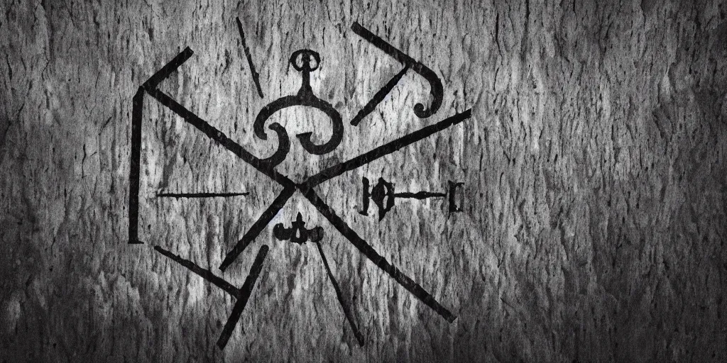 Prompt: close up photography of old occult sign built from farmer reap hooks centered, no repition, dark, black and white, dolomites in background, dolomites, dark, eerie, despair, artstation, digital art, adward winning