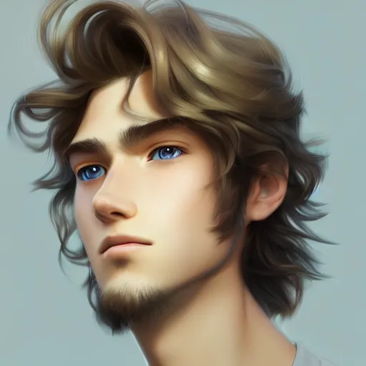 Image similar to young man with medium - length, curly, golden hair, perfectly proportioned face, aquamarine eyes, natural lighting, path traced, highly detailed, high quality, cartoon, digital painting, by new haicheng and studio ghibli