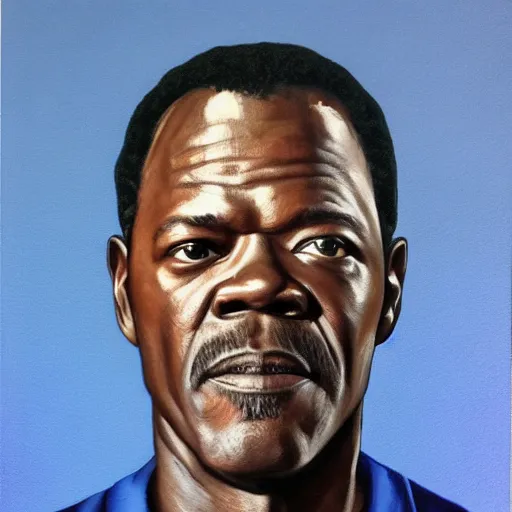 Image similar to A portrait of Samuel Jackson, (((half of his face is a skeleton))), dark blue gradient background, realistic, oil painting