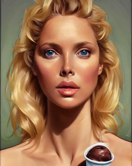 Image similar to portrait of a blonde fuller figured barbara bach from the bond film wearing dungarees and eating ice creams in porto, real life skin, intricate, elegant, highly detailed, artstation, concept art, smooth, sharp focus, art by artgerm and greg rutkowski and alphonse mucha