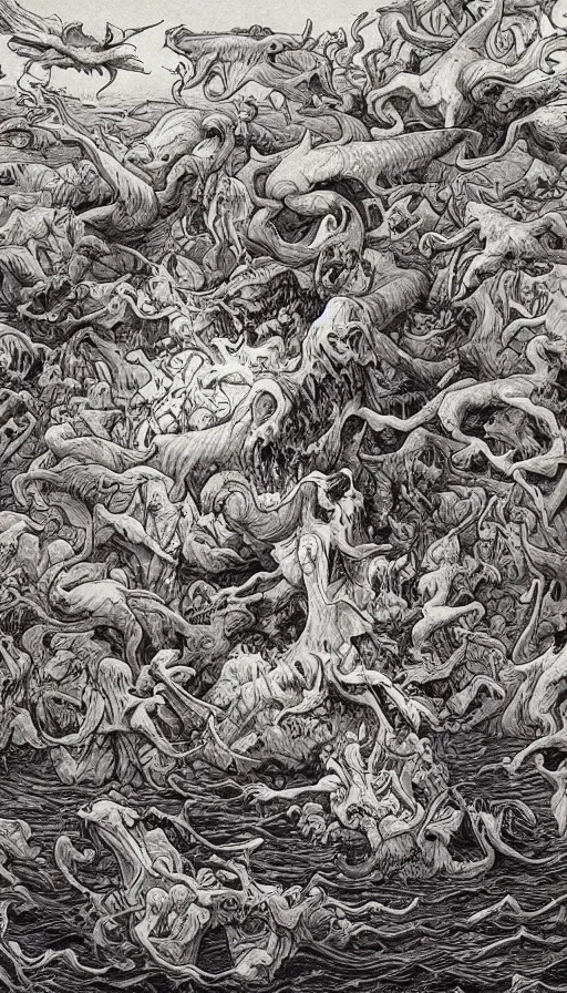 Prompt: man on boat crossing a body of water in hell with creatures in the water, sea of souls, by james jean,