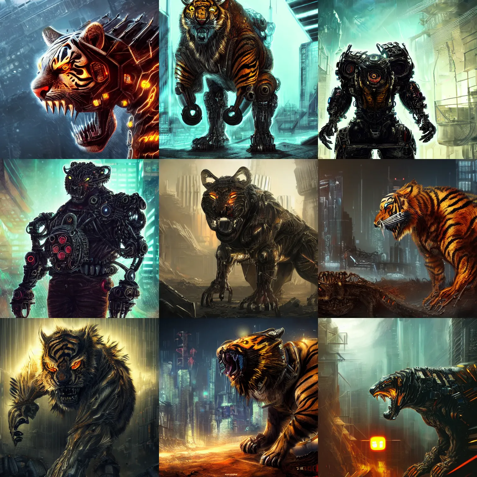 Prompt: a cybernetic mechanical sabretooth tiger made of metal, glowing eyes, sharp teeth, pouncing, apocalyptic dark ruins in the background, cyberpunk, highly detailed, digital art, trending on artstation, concept art, sharp focus, 8 k