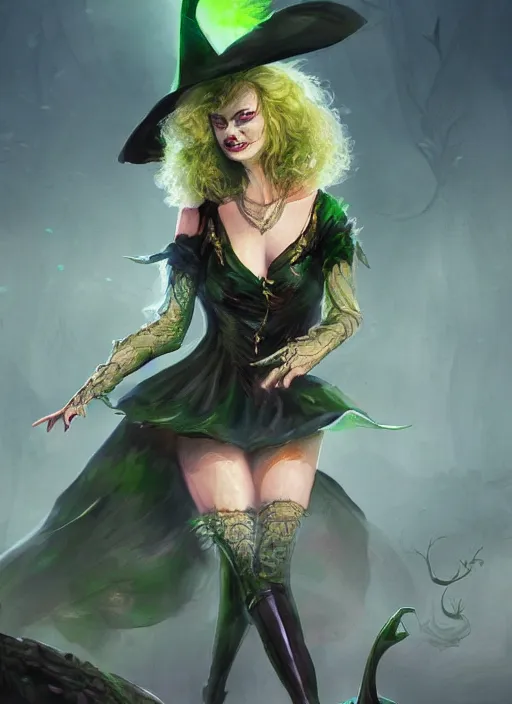 Prompt: beautiful female wicked witch, margot robbie as the wicked witch of the west, full body character concept, armor, super powers, fantasy, intricate, elegant, highly detailed, digital painting, artstation, concept art, shining, sharp focus, illustration, art by stanley lau