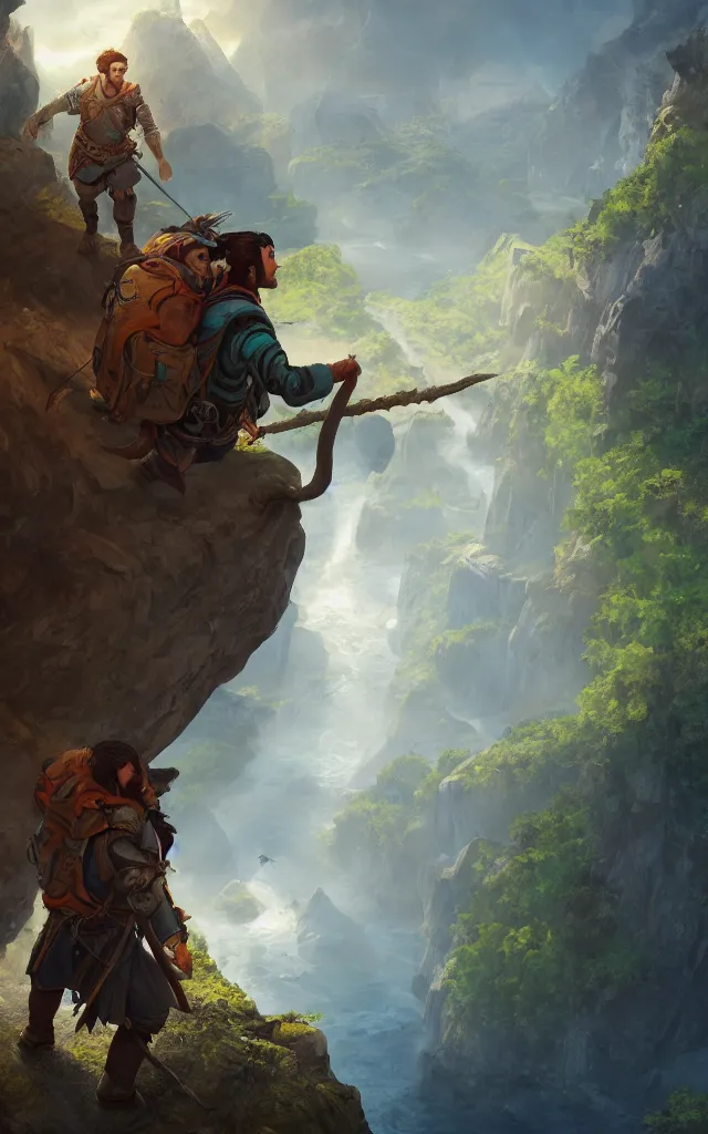 Image similar to an oil art painting of young handsome fool adventurer with adventurer hiking backpack, grim gwent card, gipsy mage adventurer character design from inquisition, climbing up a cliffside, 4 k, ultra detail, volumetric lighting, unreal engine, octane render