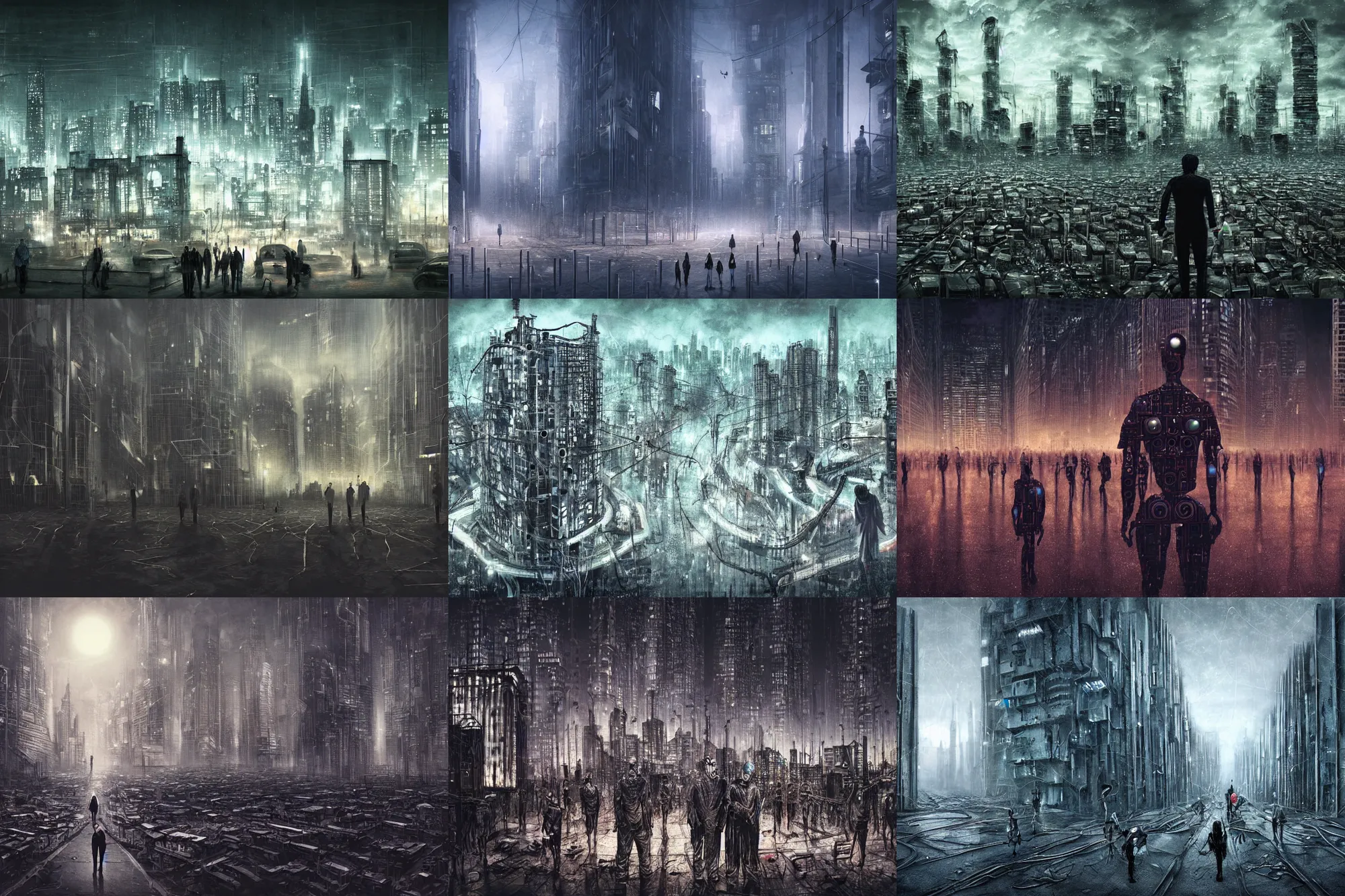 Prompt: smart cities dystopia, full hd dark surreal art, artificial intelligence slavery, bleak night