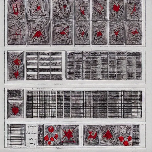 Prompt: simple blueprint drawings of spells, red symbols, blueprint red ink, calotype, lost grimoire, found papers, black paper, symmetry, RED writing, decay, full page writings, ornate borders + concept art, intricate writing, artstation, junji ito