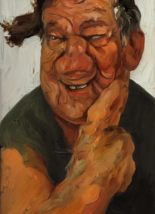 Image similar to Real life Fred Flintstone, painted by Lucian Freud, highly detailed, 8k