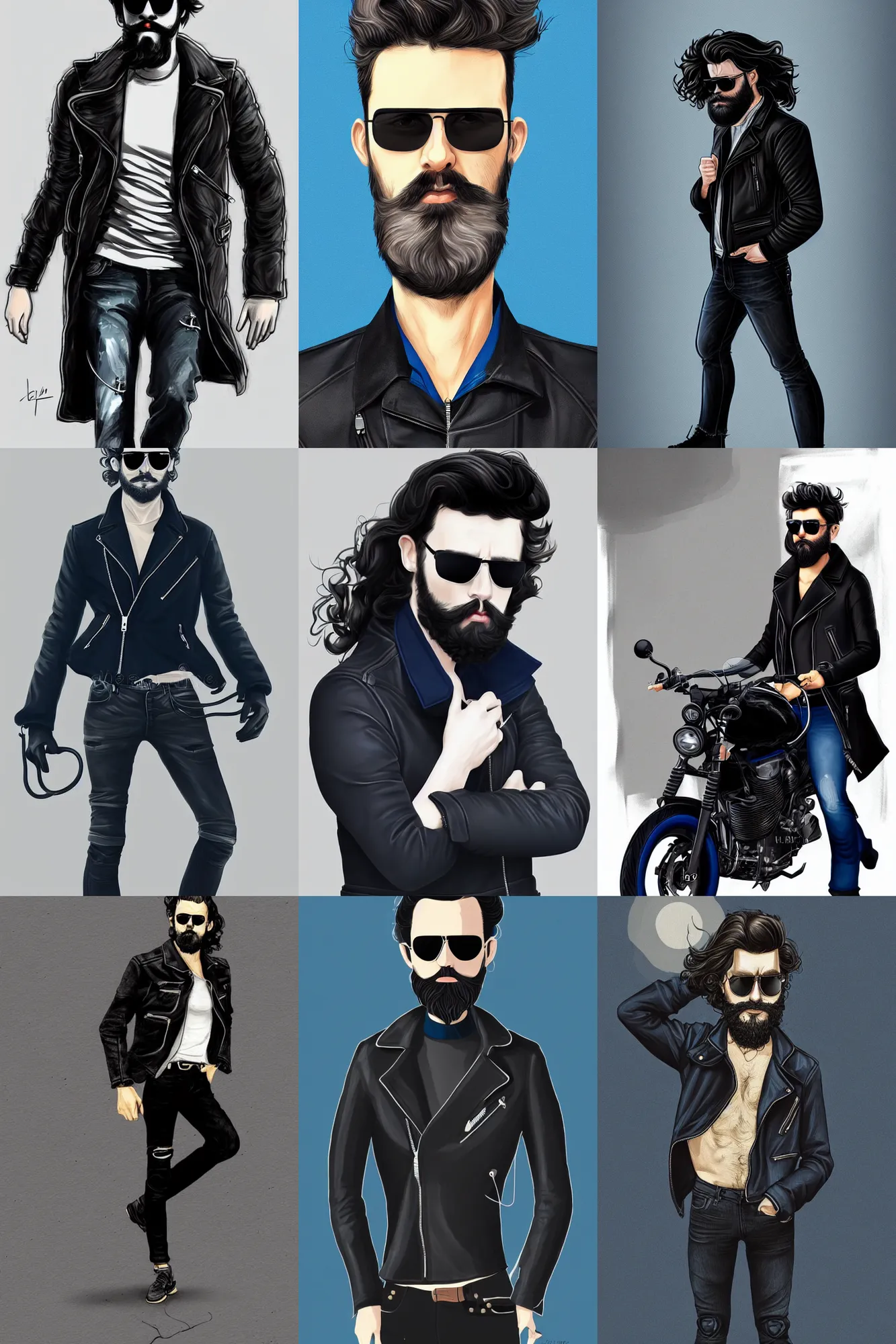 Prompt: Picture of a male biker, jet black tuffe coat, aviator shades, dark blue jeans, long curly hair, unkempt beard, serious look, armfold, smooth, sharp focus, digital illustration, artstation