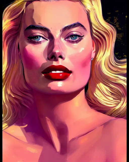 Image similar to closeup portrait beautiful seductive margot robbie with long windblown hair in a gold party dress in standing on a street in chinatown, pink lipstick, glamour pose, detailed illustration, digital art, trending on artstation, arney freytag, frank miller, moebius, graffiti, gta v,