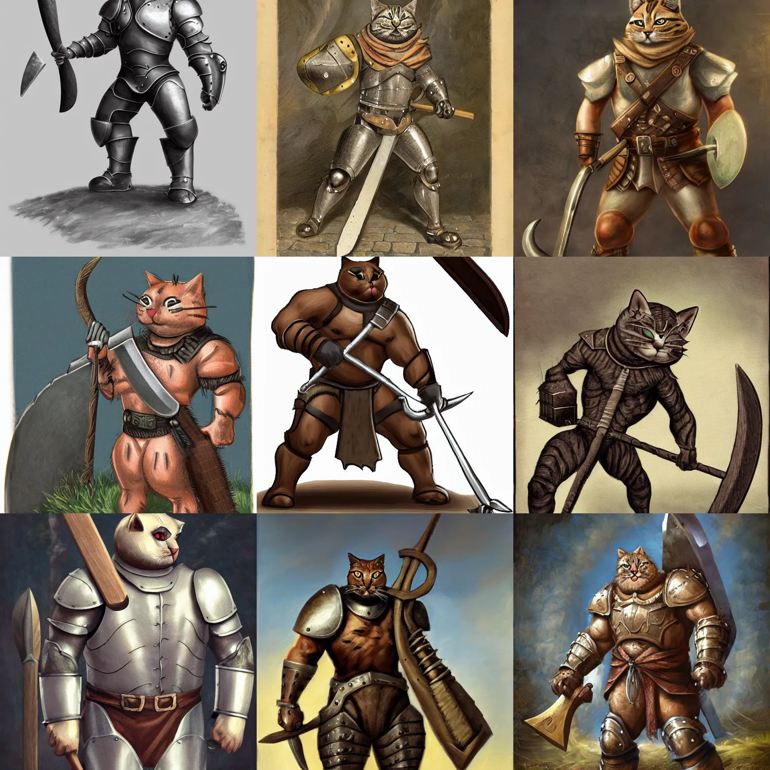 Prompt: muscled anthropomorphic cat in heavy armor wielding an broad-axe