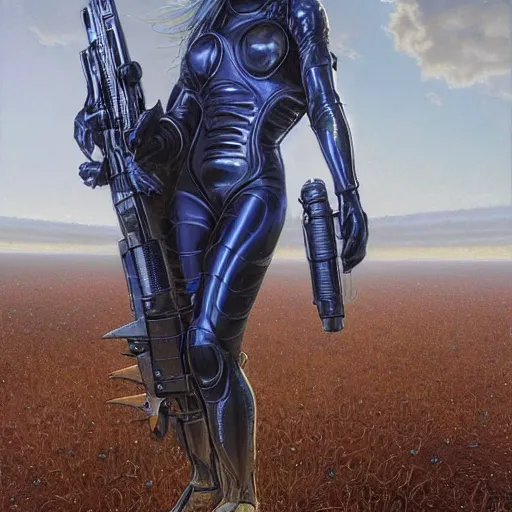 Image similar to pleiadian woman with big eyes and long silver hair wearing a dark body suit and holding a plasma gun as a realistic sci fi character, portrait art by donato giancola and greg rutkowski, digital art, trending on artstation, standing in a barren field, silver hair