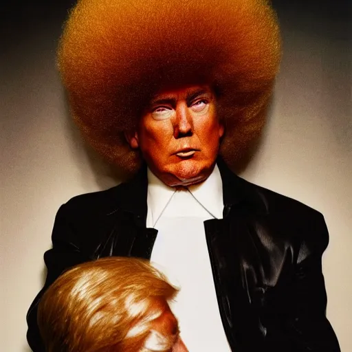 Image similar to donald trump with afro wearing 1 9 7 0 s bellbottoms clothing, black and white, full body profile, sitting on vintage leather sofa, vogue cover, dramatic lighting