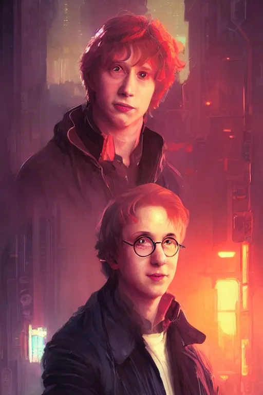 Image similar to portrait of Ron Wisly from harry potter in cyberpunk, neon lighting, night city, digital art from artstation by Ruan Jia and Mandy Jurgens and Artgerm and william-adolphe bouguereau and Greg Rutkowski and Wayne Barlowe