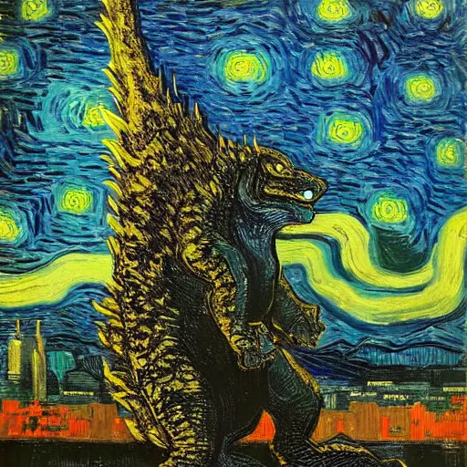 Prompt: godzilla in new york, night, landscape by Vincent Van Gogh