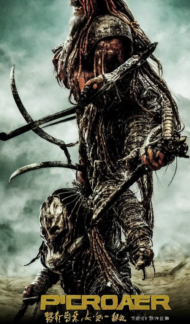 Image similar to movie poster for predator film shot in feudal japan staring hiroyuki sanada as a disgraced ronin, who hunts down the predator after he fails to protect his master from it