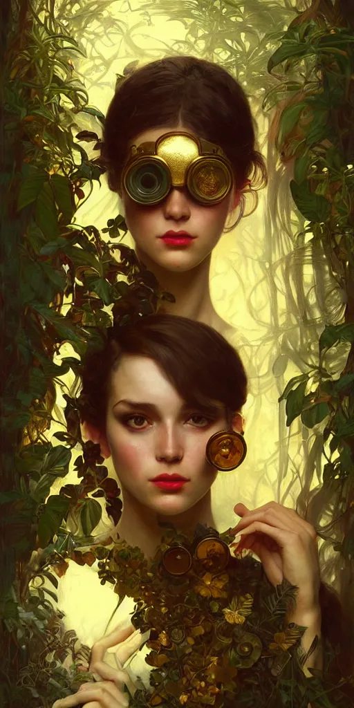 Image similar to hyper realistic photographer looking through a vintage medium format camera, design on white background, beautiful details, lush foliage cyberpunk, gold, drawn by john singer sargent, tom bagshaw, norman rockwell, alphonso mucha, lolish, trending on artstation