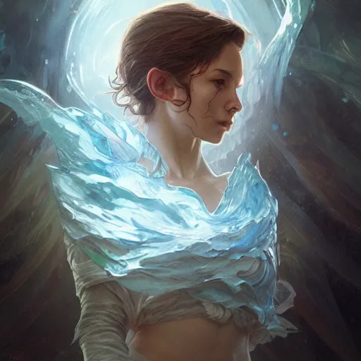 Image similar to water elemental, lifelike, portrait, highly detailed, digital painting, artstation, concept art, sharp focus, illustration, cinematic lighting, art by artgerm and greg rutkowski and alphonse mucha