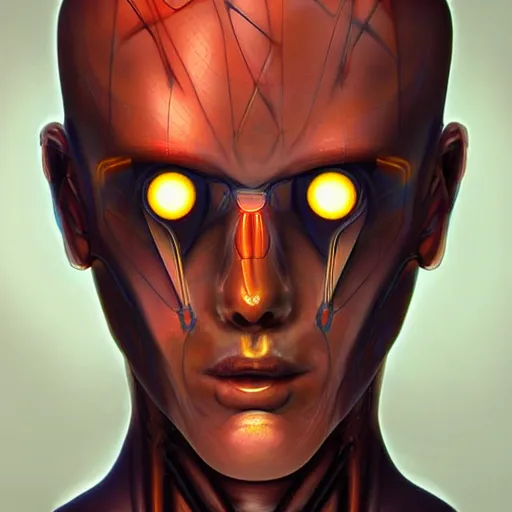 Prompt: a humanoid with insect-like features and cybernetic implants, sci fi concept art, portrait