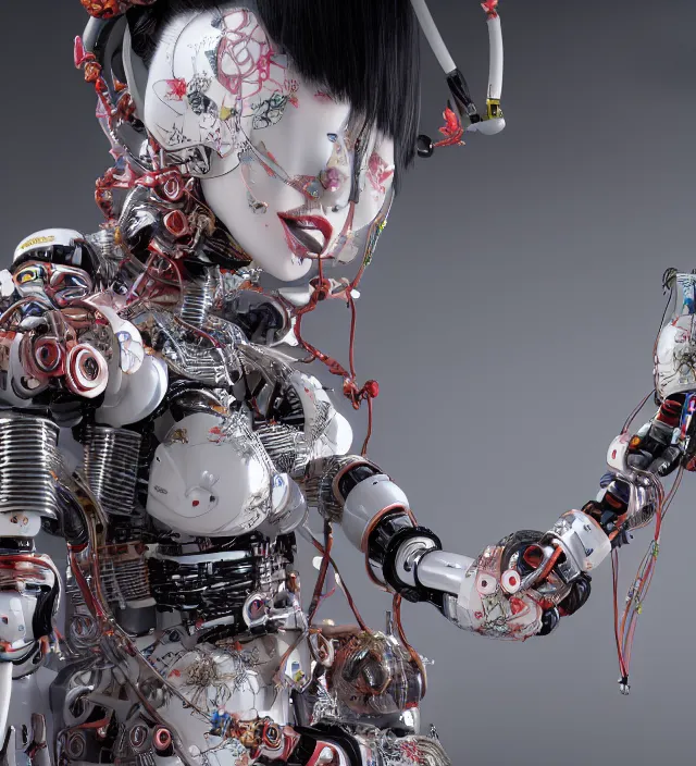 Image similar to full body portrait of a beautiful japanese robotic geisha with wires and actuators and kanji tattoos and decals, dramatic lighting, hyper - realistic, ultra - realistic, intricate details, japanese model, 8 k ultra high definition, octane render