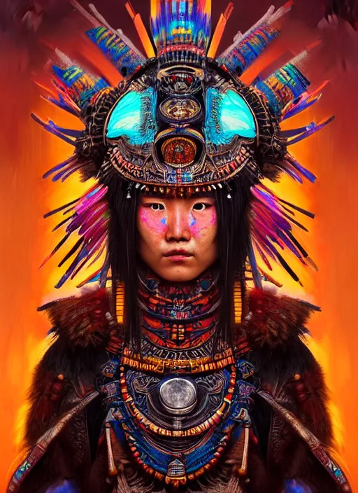 Image similar to portrait of yang yang, hyper detailed ultra sharp aztec shaman warrior. trending on artstation, warpaint aesthetic, bloodwave, colorful, psychedelic, ornate, intricate, digital painting, concept art, smooth, sharp focus, illustration, art by artgerm and greg rutkowski and h. r. giger, 8 k