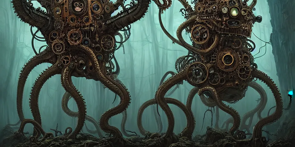 Image similar to biomechanical steampunk creature with robotic parts and big octopus head and (glowing) eyes guarding an ancient lush cave in a mystic forest, gothic and baroque, brutalist architecture, ultradetailed, creepy ambiance, fog, artgerm, giger, Intricate by Ellen Jewett and Josan Gonzalez and Giuseppe Arcimboldo