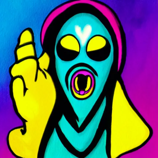 Image similar to ghostface from Scream (1996 film) in the style of Lisa Frank