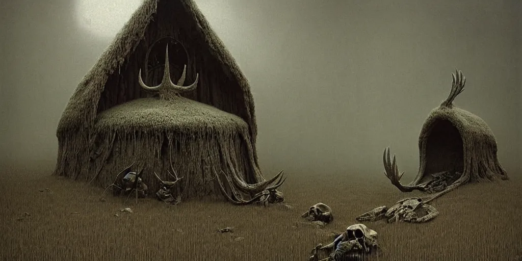 Prompt: cozy moose skull hut, Zdzislaw Beksinski, Wayne Barlowe, gothic, cosmic horror, dystopian, biomorphic, lovecraftian, amazing details, cold hue's