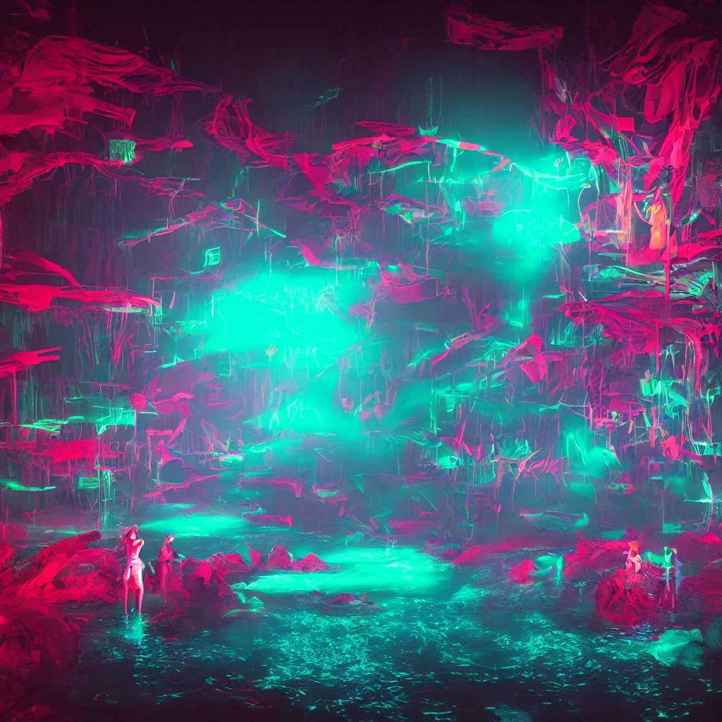 Image similar to rave club in the red pond at night, green laser, light art, photo by reuben wu, jenni pasanen, epic composition, hd, octane, volumetric lighting, masterpiece,