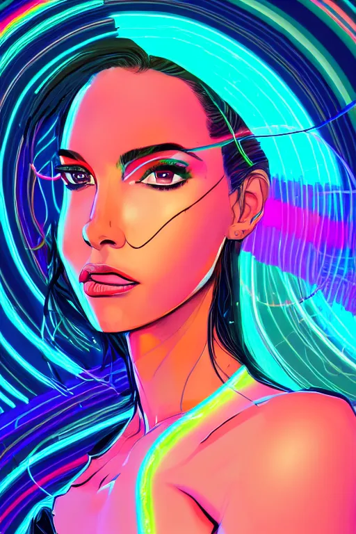 Image similar to a award winning portrait of a beautiful woman with stunning eyes in a one off shoulder crop top and cargo pants with rainbow colored hair, outlined by whirling illuminated neon lines and fine lines swirling in circles by greg tocchini, digital art, trending on artstation