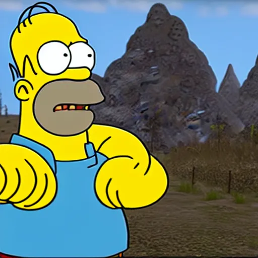 Image similar to homer simpson as an npc in skyrim, the elder scrolls video game screenshot